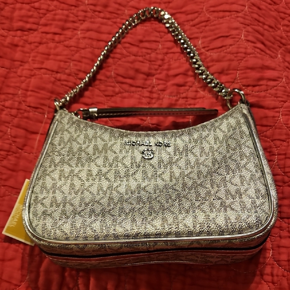 Michael Kors Metallic Silver Logo-Print Shoulder Bag